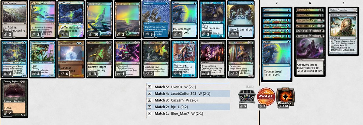 UB Fae 4-1 in Pauper League. Not bad, lost only to UR Skred led by <a href="/hjcmtg/">💧 hjc 💀</a> (GG'S) #mtgpauper

W  UG FOG 2-1
L   UR SKRED 0-2
W  RAKDOS BURN 2-0
W  MONO RED HOT DOG 2-1
W  MONO RED HOT DOG 2-1