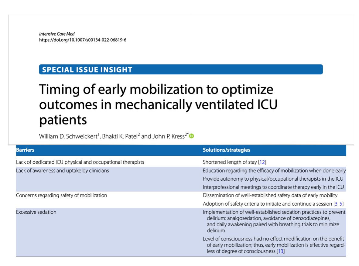 (Very) early mobilization in #ICU patients on MV?? Benefits well established! To allow optimized/improved outcomes, we must ensure
🚶awareness of benefits known amongst care providers
🚶‍♀️required infrastructure/team available to provide #ICUrehab
#FOAMcc
🖇️ rdcu.be/cTF5Z