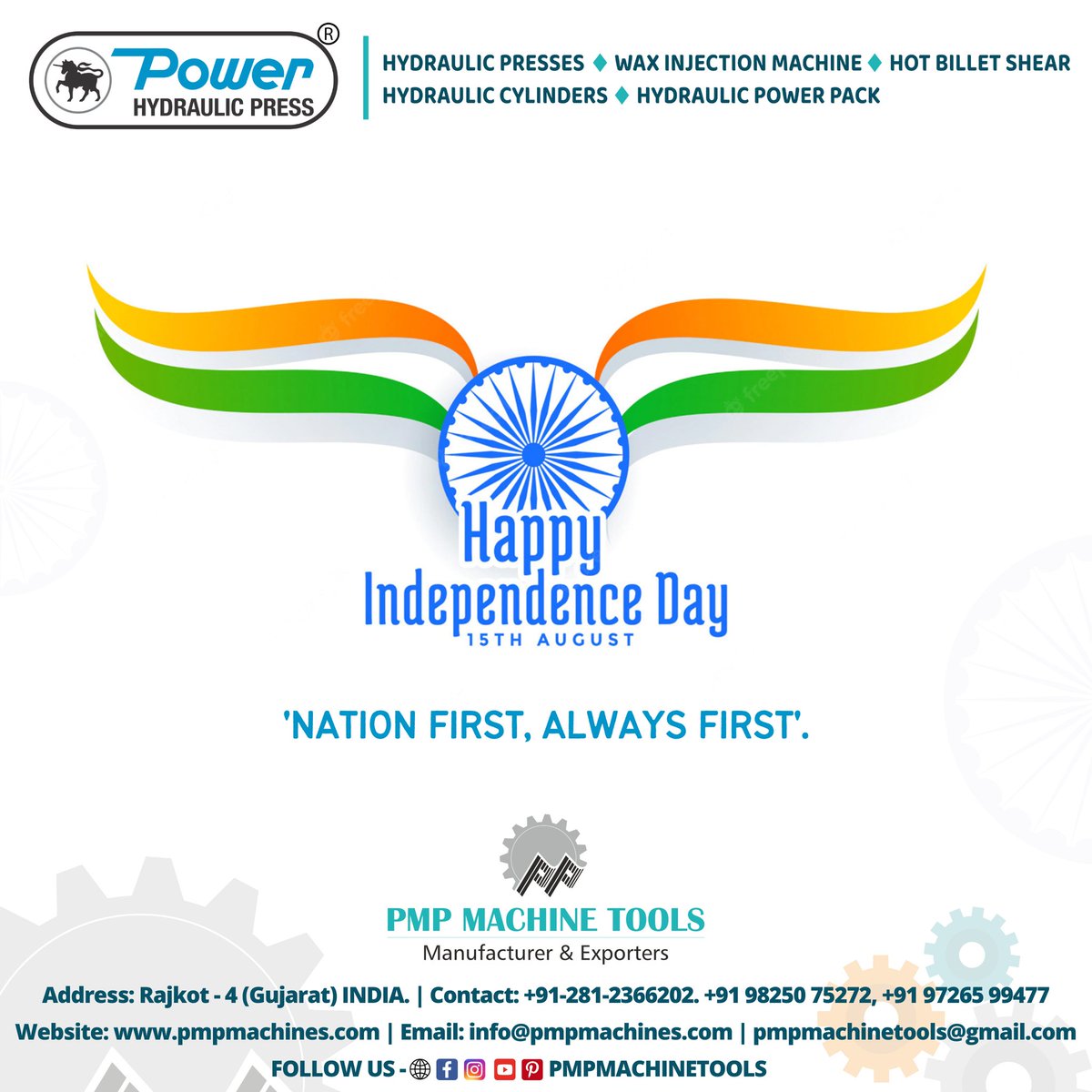 PmpMachineTools's tweet photo. Happy Independence Day
Visit Us On: https://t.co/Ptf7cegWM7
Pmp MACHINE TOOLS - RAJKOT
We Manufacturers & Exporters - Various Types Of Hydraulic Machines.
#independenceday
#aazadikaamritmahotsav #Vertical #PmpMachineTools #Digital
#manufacturer #exporter #suppliers
#RajkotPmp https://t.co/OIyAlBzs1L