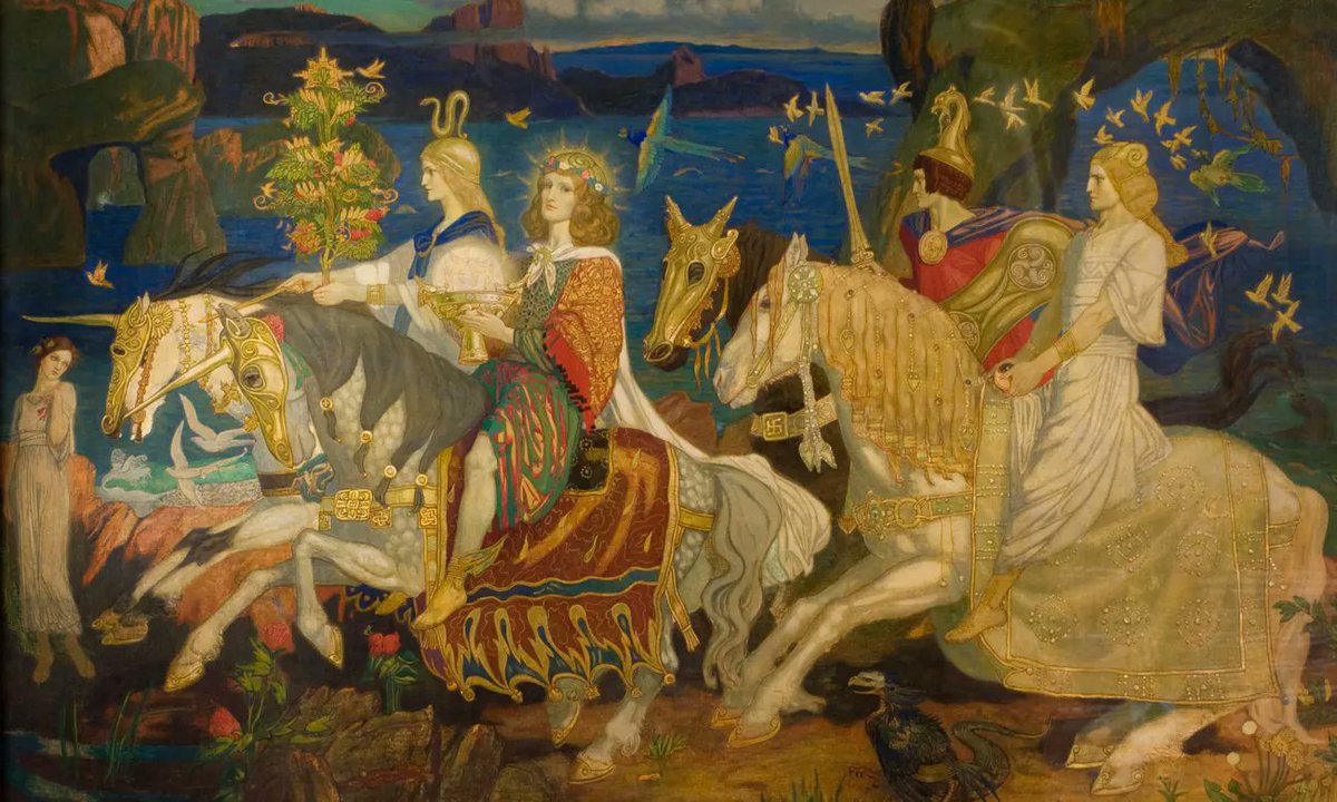 Celtic Cortege: John Duncan's mystical 'The Riders of the Sidhe' (1911, McManus Mus. Dundee) for #MagicMonday. Left to right: the Tree of Life denotes wisdom; the Grail Cup love; the Sword symbolises strength &amp; power; the Stone of Quietness is hope, as it reflects past &amp; future.