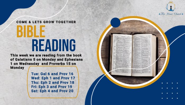 HisHouse_Church's tweet photo. Let's Read Together

This Week we are reading from the book of Galatians 5 and Proverbs 15 on Monday 

#hishousechurch https://t.co/HA2D21CVxf