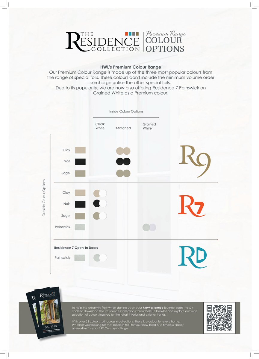HWLWindows's tweet photo. We're dropping the minimum order surcharge on three popular colours in the Residence Collection's range of special foils; Clay, Noir &amp; Sage. 

R7 Painswick on Grained White will also be included in our Premium Range.

Please allow between 8-10 weeks for your order.

@residence9 https://t.co/t1ZiyNLAah