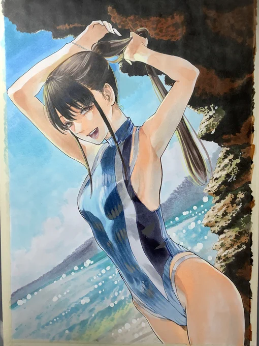 明日8月16日(火)発売の『週刊プレイボーイ PREMIUM』にて、表紙と他2点ほど"イラストで水着グラビア"を描かせて頂きました。あくまで"佐切っぽい人と杠っぽい人"という設定で計3点ほどカラーを描きましたが、やった事ないタイプの仕事だったので楽しく作業できました是非お手にとってみて下さい! 