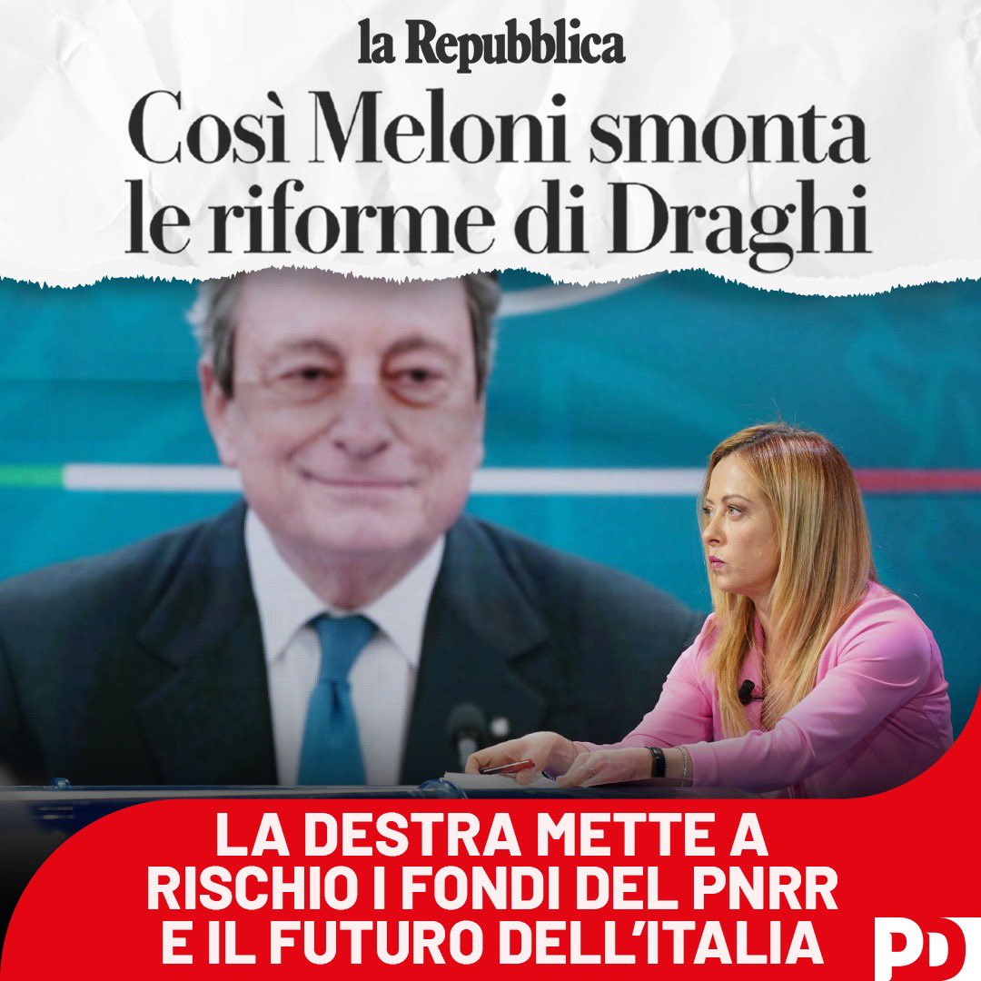 Perdere miliardi di euro e rallentare transizione ecologica e digitale: è il rischio che vuole correre Meloni cambiando il #PNRR scritto dal Governo e concordato con l’UE.
Queste elezioni sono fondamentali: non possiamo permettere alla destra di giocare con il futuro dell’Italia.