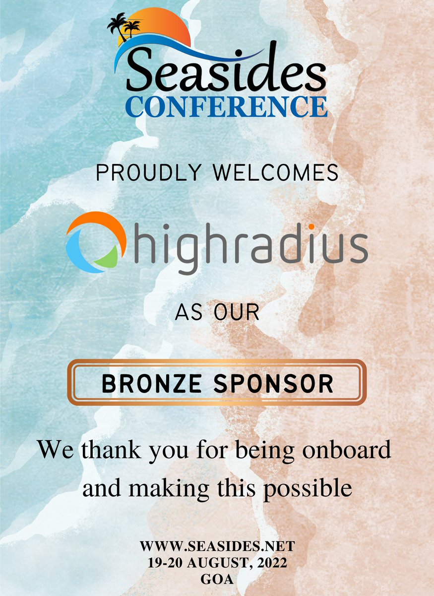 Seasides (@seasides_conf) on Twitter photo We are very happy to welcome <a href="/HighRadius/">HighRadius</a> on board as our Bronze sponsor.
A big thanks the entire team of Highradius <a href="/Sartaj2103/">Sartaj Ahmed</a> <a href="/k4rth1k/">Karthik Palnati</a> for their support to <a href="/seasides_conf/">Seasides</a>
#infosec #cybersecurity #conference #seaaides We are very happy to welcome <a href="/HighRadius/">HighRadius</a> on board as our Bronze sponsor.
A big thanks the entire team of Highradius <a href="/Sartaj2103/">Sartaj Ahmed</a> <a href="/k4rth1k/">Karthik Palnati</a> for their support to <a href="/seasides_conf/">Seasides</a>
#infosec #cybersecurity #conference #seaaides