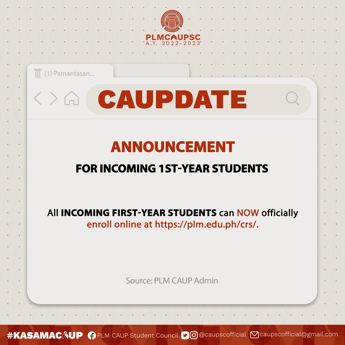 casbescofficial's tweet photo. 𝗔𝗡𝗡𝗢𝗨𝗡𝗖𝗘𝗠𝗘𝗡𝗧: For Incoming First-Year Students

All incoming first-year students can NOW officially enroll online. 

#CAUPdate
#KasamaCAUP
#CAUPSC2023 https://t.co/buWsf4numq