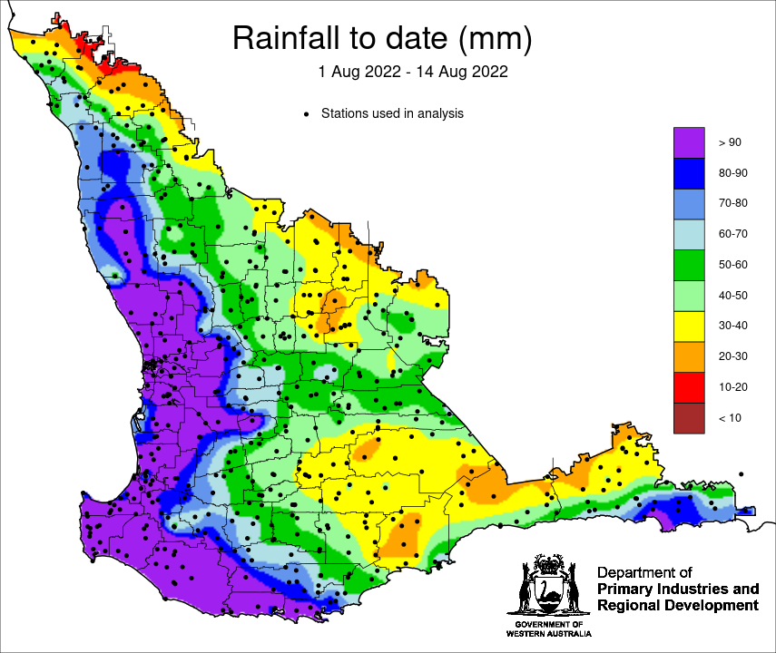 MeredithGuthr15's tweet photo. Latest @DPIRDbroadacre rainfall to date map 1-14 August - will more rain in the next 3 days. Morawa has 34 mm (average for August) and is expected (via @Windycom) to receive 37 mm in the next 3 days. Both SSF and @BOM_WA ACCESS model didn't forecast a wet August #climate https://t.co/hO9nGUXRuR
