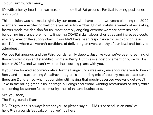 To our Fairgrounds Family,
We have an important message for you below.