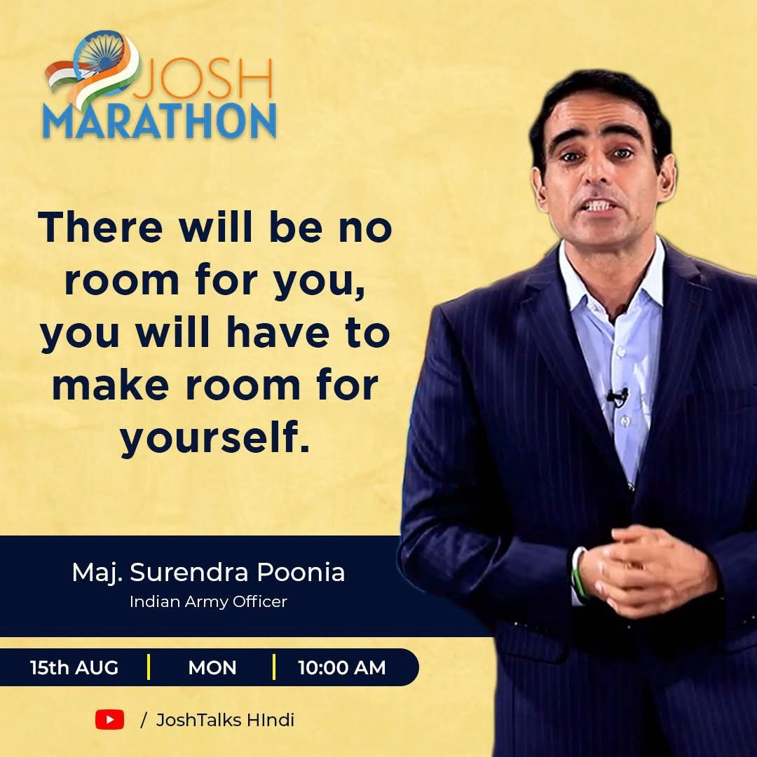 JoshTalksAI's tweet photo. Celebrating 75 Glorious Years of Independence with a story of courage, grit and determination 🇮🇳
Watch @MajorPoonia inspiring story releasing today at 10am on Josh Talks English
#JoshMarathon #AzadiKaAmritMahotsav https://t.co/Bpn9LARSEJ