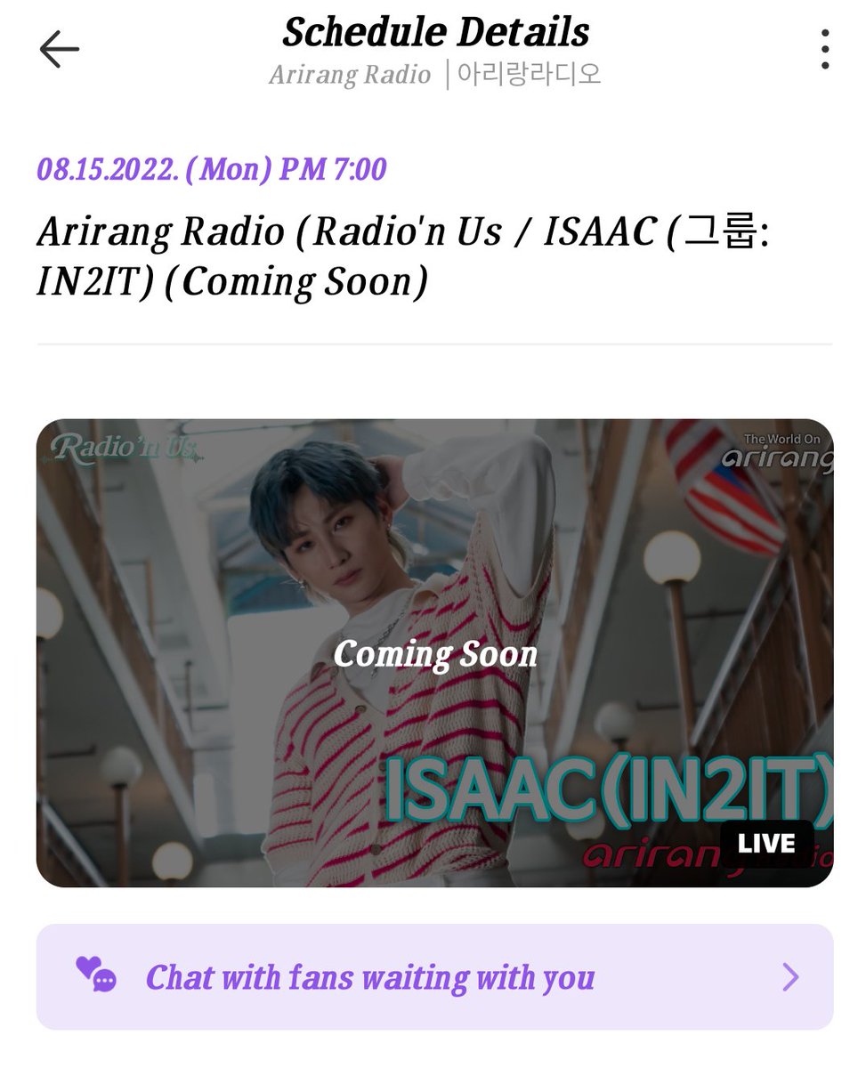 kmaniamy's tweet photo. Hari ni 15Aug2022 7pm waktu Malaysia. Isaac @isaacvkm_1212 di Arirang Radio. Boleh tgk live di :-

1) YouTube Arirang Radio
https://t.co/BoVt38pk12

2) Vlive (kena join member dulu) 
https://t.co/paPvit3rQ9

#isaacvkm #isaacvoo #TimeBomb #isaactimebomb https://t.co/g0bARSKEqX