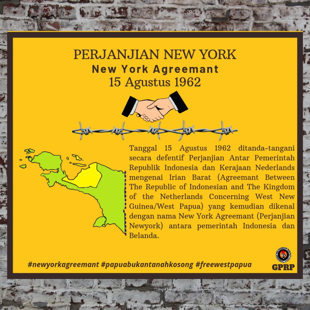 FakFak1995's tweet photo. Perjanjian New York adalah kompromi AS antara Belanda dan Indonesia akhirnya hingga saat ini membawa Malapetaka bagi Bangsa Papua.
#gerakanperjuanganrakyatpapua
#gprp2022
#gprp
#papuabukantanahkosong
#newyorkagreemant
#papualivesmatter
#freewestpapua https://t.co/4KLpXbC6rs