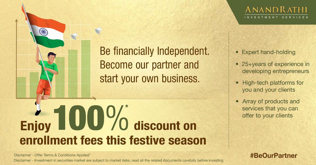 rathi_online's tweet photo. This Independence Day, achieve financial independence by becoming our partner and starting your own business. This holiday season, you can also get a 100% discount on enrollment fees. 
#AnandRathi #Stockbroker #BecomeOurPartner #IndependenceDay #HappyIndependenceDay2022 https://t.co/DL37EMut9i