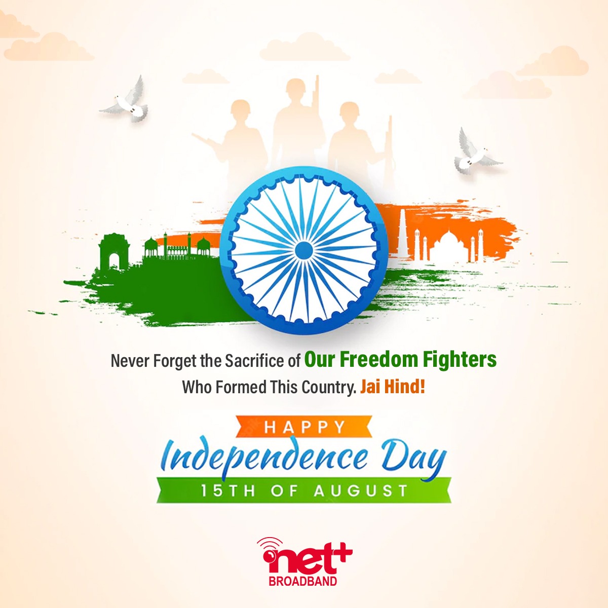 netplusofficial's tweet photo. Happy Independence Day

#independenceday #freedom #armyforces #independencedayindia #jaihind #indianarmy #celebration #indianflag #holiday #trending  #independanceday2022 #indiaindependenceday #independencedaycelebration #netplusbroadband #sacrifice #15august #armysoldiers https://t.co/8VJtLM42sL