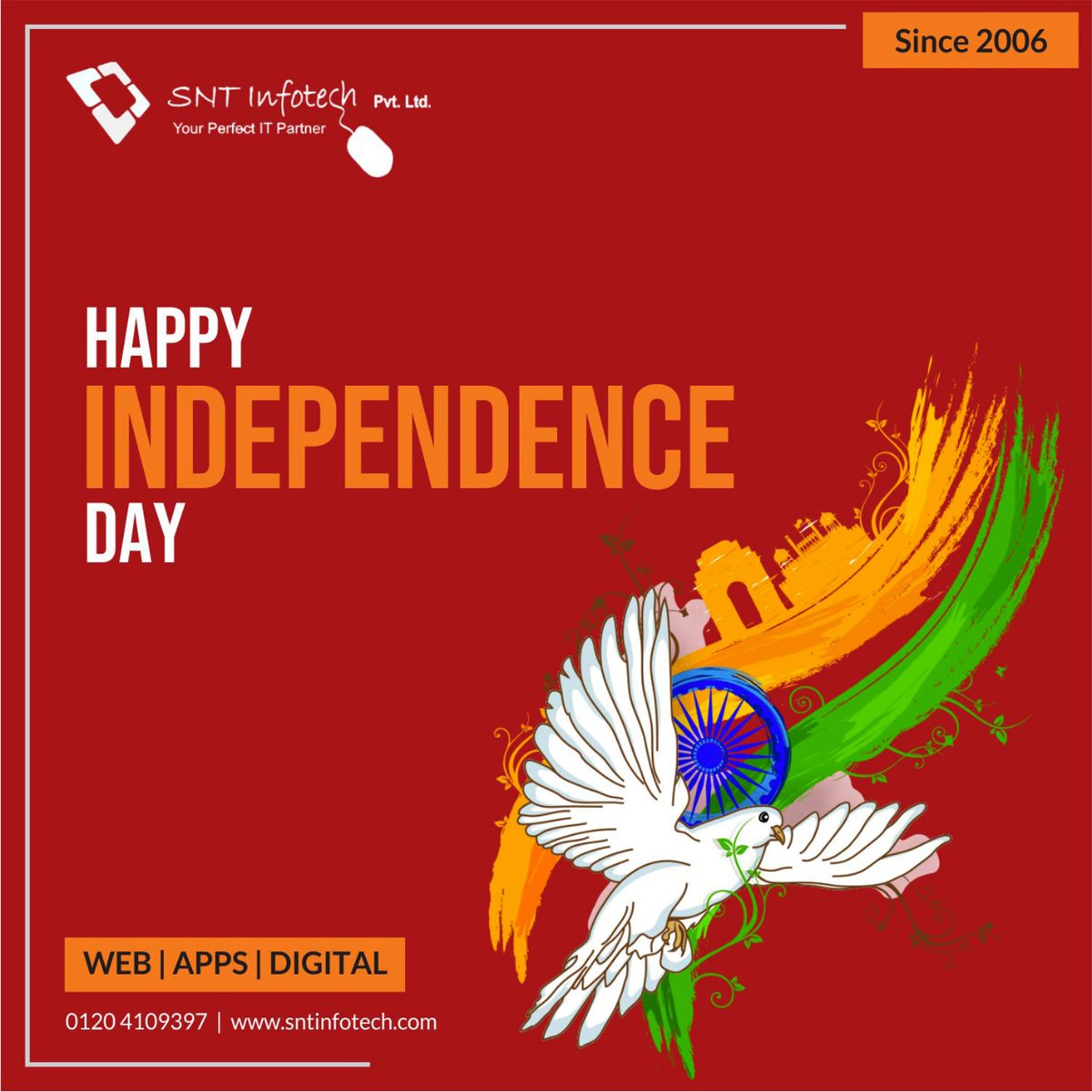 sntinfotech's tweet photo. Team SNT wishes you a very Happy 75th Independence Day. 🇮🇳 🇮🇳 🇮🇳 🇮🇳 

#15August  #HappyIndependenceDay #happyindependenceday2022 #GroupSNT https://t.co/ZboaNaBYu8