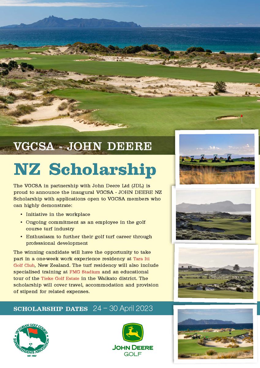 Applications open today for the VGCSA - John Deere NZ Scholarship! This exciting initiative is a great professional development opportunity for VGCSA course staff. Visit vgcsa.com.au for full details on how to apply. #johndeeregolf #VGCSA #scholarship #turfmanagers