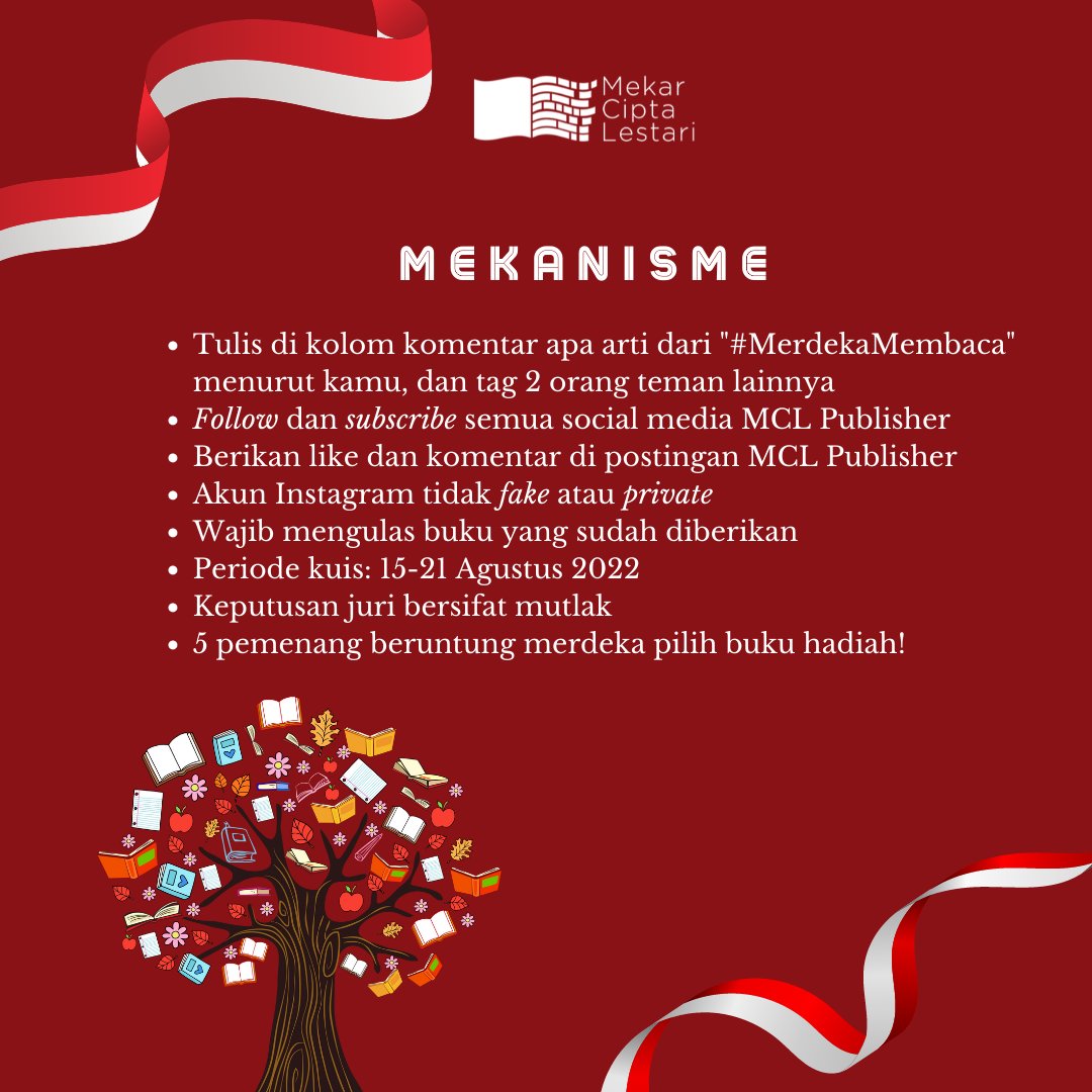 mcl_publisher's tweet photo. [GIVEAWAY] mari rayakan kemerdekaan dengan memaknai arti #MerdekaMembaca tulis di komen apa arti #MerdekaMembaca menurut kamu ya!

Ada 5 pemenang beruntung yang merdeka memilih judul buku MCL Publisher yang mereka mau sebagai hadiah. Mekanisme lebih lanjut geser gambar! https://t.co/9qjkszPQKR