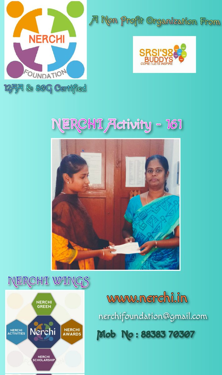 Nerchi_NGO's tweet photo. NERCHI Activity - 161

Nivedhitha Balusamy Studying 1st Year https://t.co/fuLNPZI17w Bio Chemistry  in 
Avinashilingam institute for home science and higher education for women.
We have handed over the cheque of Rs 10000 for her  College fees.
#IndependenceDay2022 https://t.co/318AaPh0kh