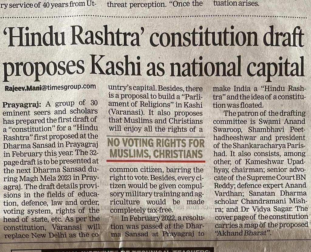 Navayan's tweet photo. Look at these horrible people.
They drafted a constitution for Hindu rastra where everything runs according to the Varna system, and Muslims and Christians do not have voting rights. They should be booked for insulting the Constitution of India. https://t.co/6EJX10FPcj
