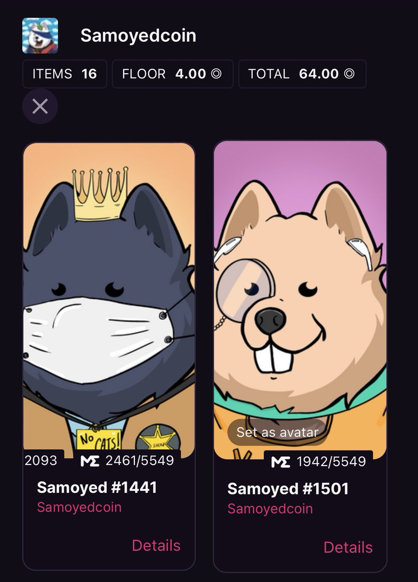 aceofassets's tweet photo. Currently holding 16 $SAMO #nft’s 🤑 picking up more as we go at these prices 🧨 should I run a @samoyedcoin NFT giveaway to support the team and community? Share your thoughts :)) #samo #samonft #solana #solanapay #cashback #samoiscoming #dogmoney #memecoin join the movement 👀 https://t.co/vvTDUxgP0r