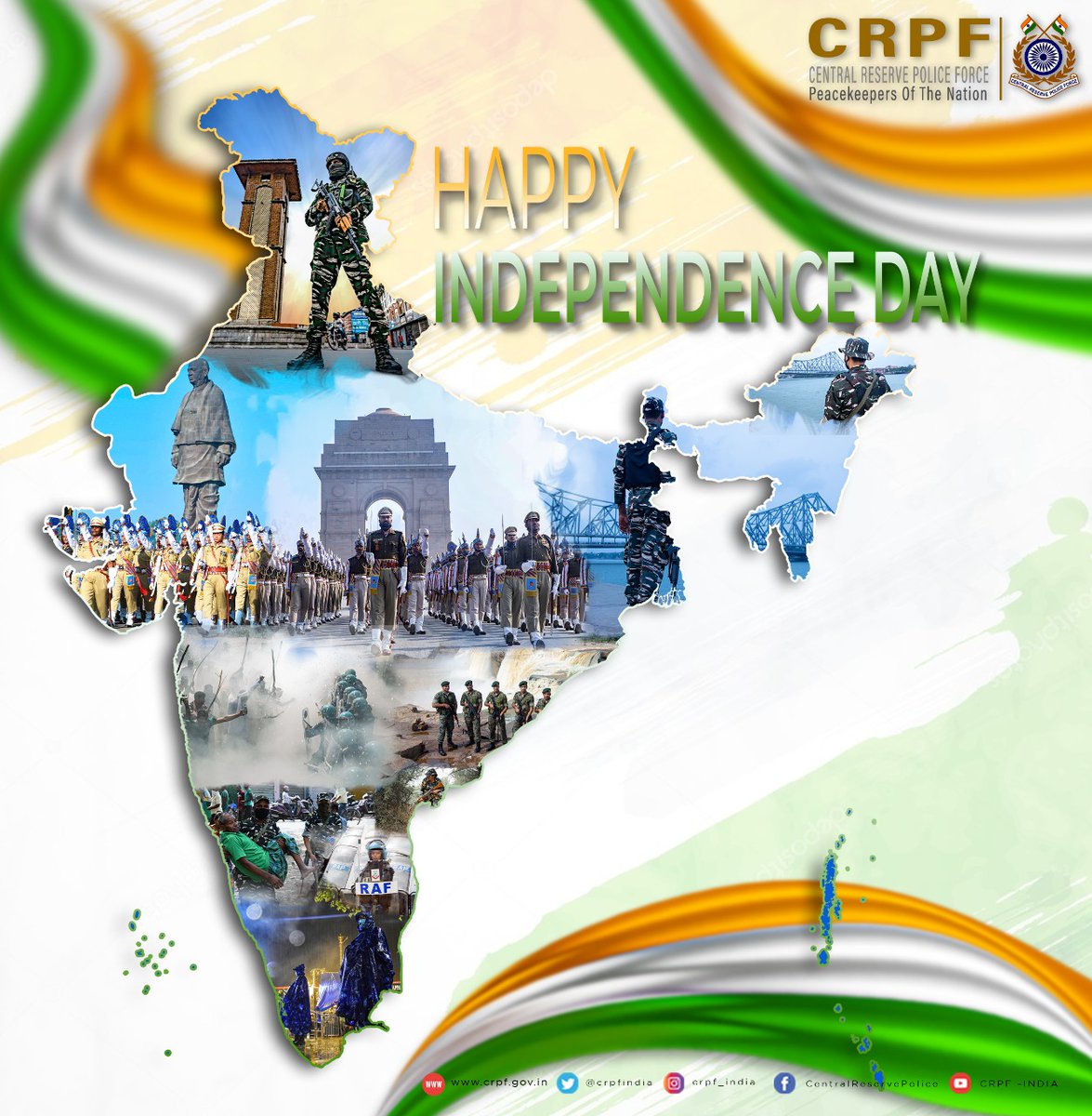 crpfindia's tweet photo. DG CRPF and all ranks wish you a Happy #IndependenceDay. We salute the supreme sacrifice of Bravehearts who kept the Tricolour high.

Let's pledge to take the Nation to new heights. Let's hoist a Tricolour at our home today.

#HarGharTiranga 
#AzadiKaAmritMahotsav https://t.co/3Yb2VdWUjv