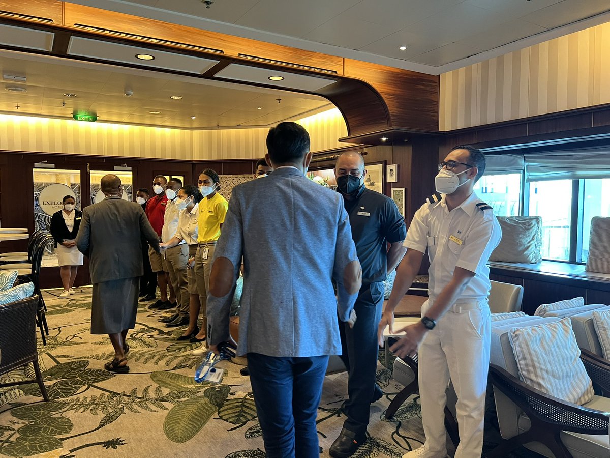 MCTTTFiji's tweet photo. Bula! Today, we were very excited to welcome back the #PacificExplorer, her 830 crew and 1,147 passengers. This makes Carnival the first cruise line to return to the Pacific. 🚢 🇫🇯 🌍 https://t.co/OtQLOOiR22