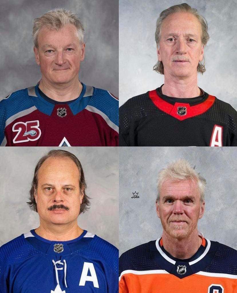OilersProud's tweet image. How 3 of today&apos;s star players will look 40 years from now, along side a current photo of Matthews. 🤣