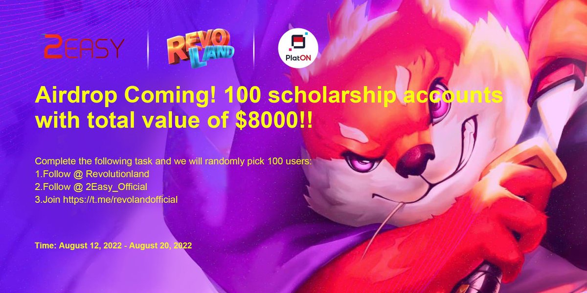 PlatONIndonesia's tweet photo. #Airdrop 100 akun #scholarship total $8000, pemenang dipilih secara acak!! #GameFi #NFT
#P2E #P2Egaming

Rules:
1.Ikuti https://t.co/rQAPKhFGQj
2.Ikuti https://t.co/1hFI6ldaXv
3.Bergabung dengan https://t.co/Xpaw5Fl6N8

Time: 12-8-2022 - 20-8-2022

Link :
https://t.co/mwjOVAAO7m https://t.co/eECbF8qGBz