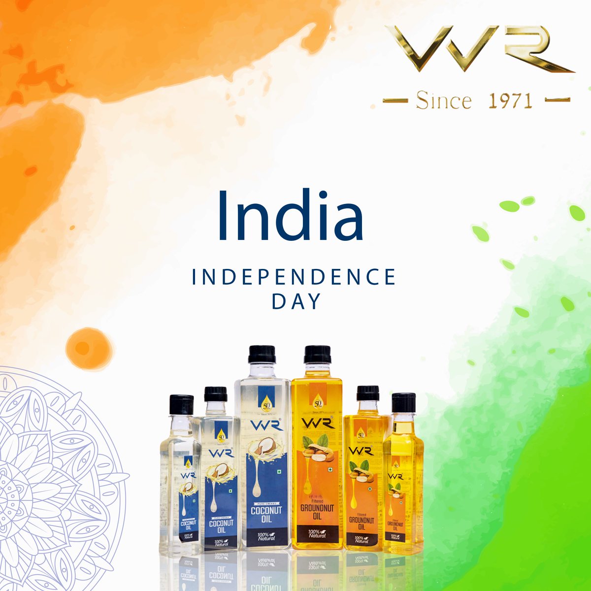 VVR_Oil's tweet photo. Wishing all our patrons a very Happy Independence Day 🇮🇳🧡🤍💚
#VVR_Oil #VVRCoconutOil #VVRGroundnutOil #ChekkuOil #VVR50 #50YearsOfPurity #IndependenceDay2022 #JaiHind #IndiaAt75 https://t.co/OzibmWP6Yx
