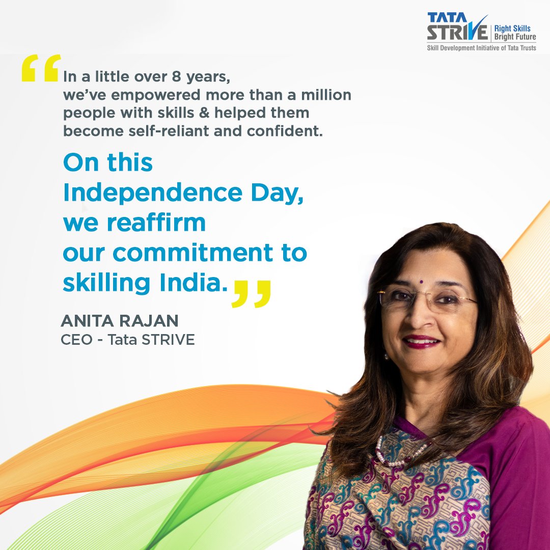 TataSTRIVE's tweet image. On this Independence Day, we reaffirm our commitment to skilling India 
Happy Independence Day.

Jai Hind!

#TataSTRIVE #TouchingOneMillionLives #UpskillingIndia #Itsallaboutaskill #IndependenceDay #tiranga #harghartiranga #azadikaamritmahotsav
