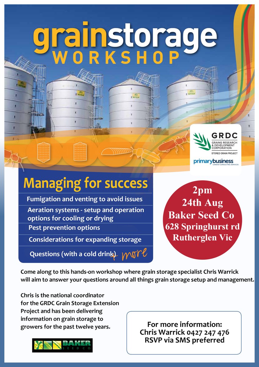 Chris Warrick (@mrchriswarrick) on Twitter photo Grain storage workshop at Rutherglen Wednesday 24th Aug 2pm. Bring your questions! <a href="/theGRDC/">GRDC</a> <a href="/GRDCNorth/">GRDC North</a> <a href="/GRDCSouth/">GRDC South</a> <a href="/Farm_Link/">FarmLink Research</a> <a href="/1800weevil/">Ben White</a> <a href="/RiverinePlains/">Riverine Plains</a> Grain storage workshop at Rutherglen Wednesday 24th Aug 2pm. Bring your questions! <a href="/theGRDC/">GRDC</a> <a href="/GRDCNorth/">GRDC North</a> <a href="/GRDCSouth/">GRDC South</a> <a href="/Farm_Link/">FarmLink Research</a> <a href="/1800weevil/">Ben White</a> <a href="/RiverinePlains/">Riverine Plains</a>