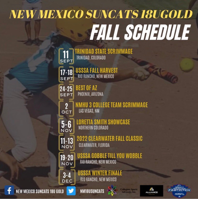 Fall Schedule right around the corner! 🔥
#suncats #bALLedout 
<a href="/NM18uSuncats/">NM SUNCATS 18U GOLD - GANDERT</a> <a href="/daynaa_herreraa/">dayna herrera</a> <a href="/jaylee_gandert/">Jaylee Gandert</a> <a href="/ShayleneSaladin/">Shaylene Saladin</a> <a href="/jazmynlynnae_/">jaz griego</a> <a href="/MelanieMacias00/">Melanie</a> <a href="/sarah_post1/">Sarah Post</a> <a href="/hannahhunt2024/">hannah hunt</a> <a href="/EllisandraB/">Ellisandra Breckenridge_2024</a> <a href="/lorissa_scott/">Lorissa Scott #4</a> <a href="/CableMckayla/">Mckayla Cable</a>