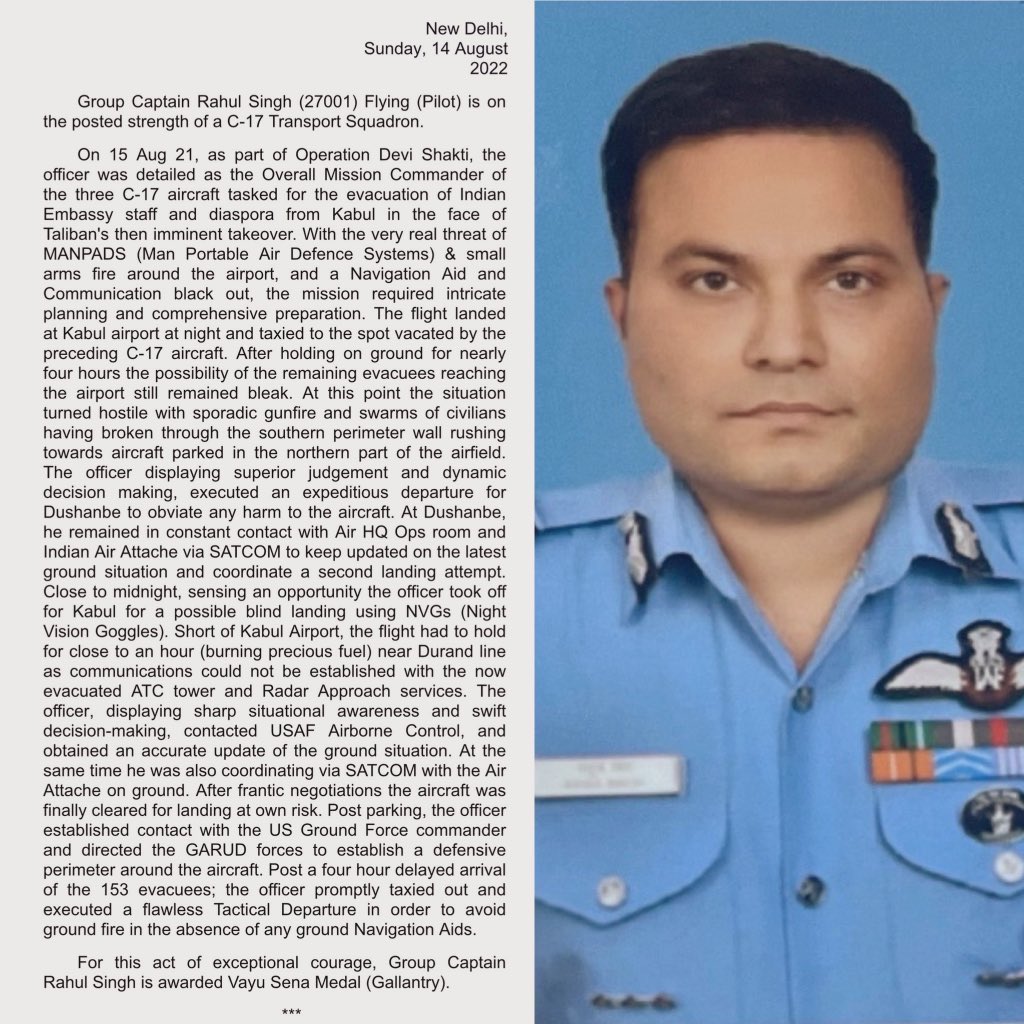 SuboSrivastava's tweet photo. What IAF pilots faced while flying evac missions during the terrorist takeover of Kabul last year, revealed in this medal citation 👏🏽👏🏽 https://t.co/9Sksj019RM