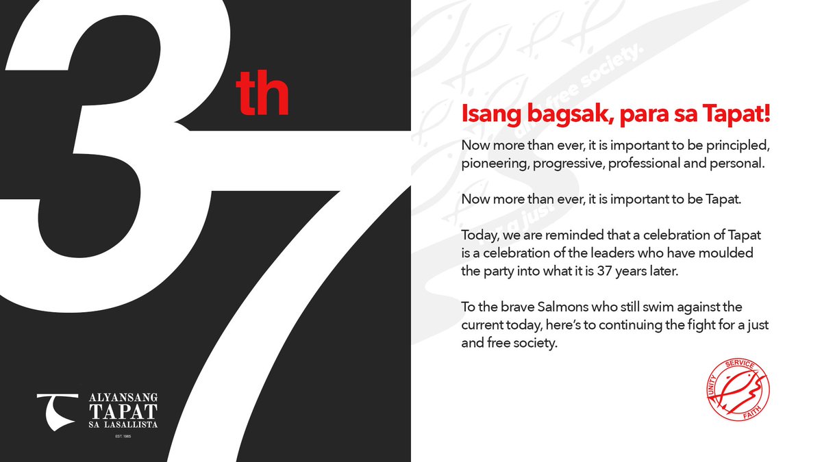 TapatDLSU's tweet photo. For 37 years, we have continued the legacy of a TAPAT brand of leadership, holding true to our values of personal, professional, pioneering, progressive, principled. 

Happy Anniversary, Salmons! Always for a just and free society. #37th #37thTAPAT https://t.co/7T4MDIAOHT