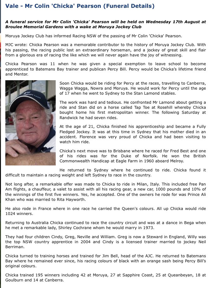 Home_of_Racing's tweet photo. VALE -
Colin ‘Chicka’ Pearson

A character and great servant to the racing industry
‘A True Horseman’

He will be missed
 
Chicka will be farewelled on Wednesday 17 August at Broulee Memorial Gardens, Broulee 
Following the service the wake will be at Moruya Jockey Club https://t.co/ZlmN92G39n