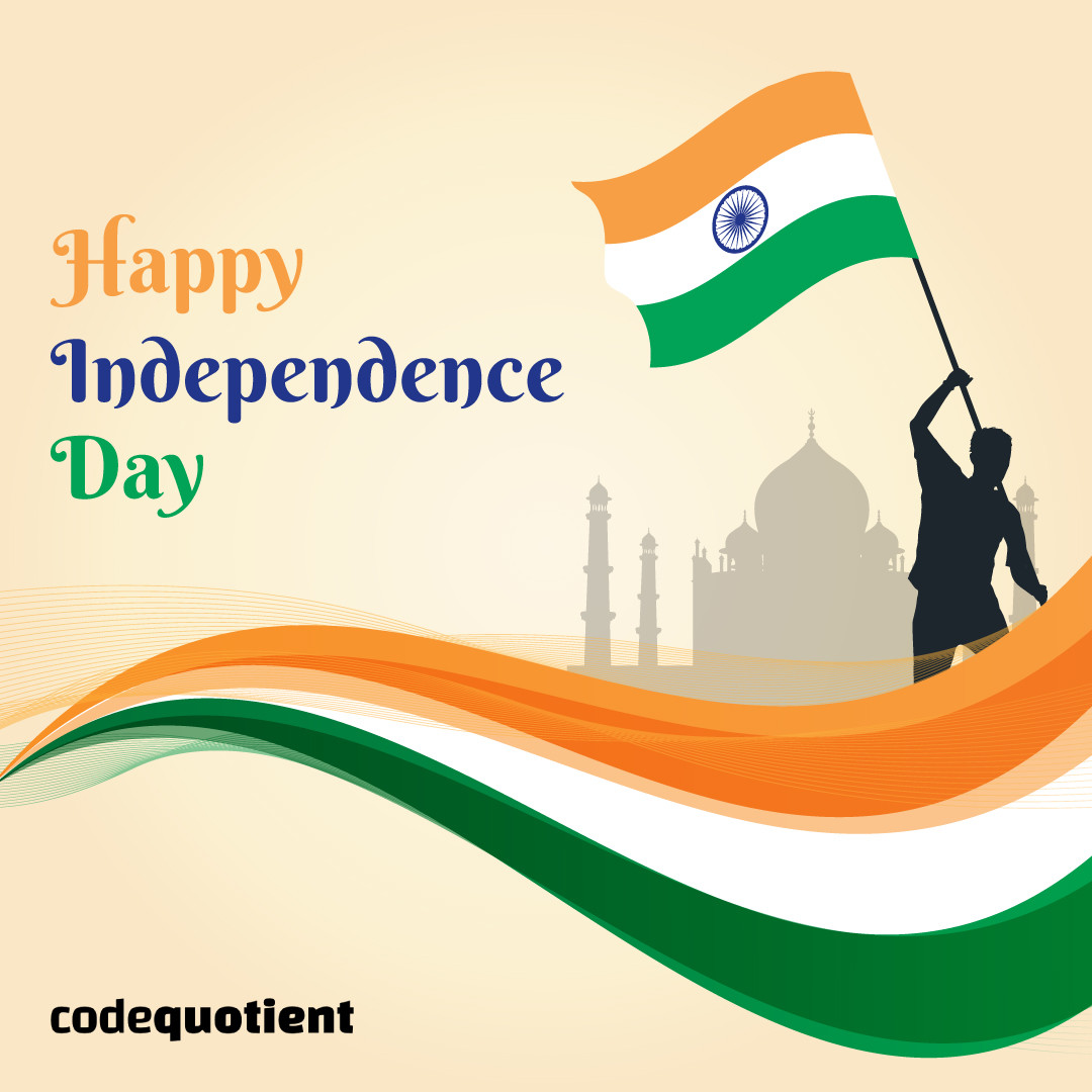 CodeQuotient's tweet photo. From our family to yours, CodeQuotient wishes you a glorious Independence Day!
#CodeQuotient #SuperCoder #SuperCodersProgram #Coding #programming #industrytraining #jobready #dreamjob #fullstackdeveloper #Independenceday https://t.co/rO8x9dB1Wp