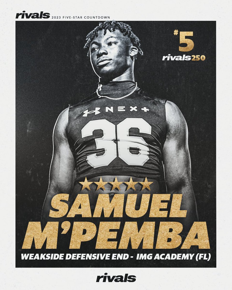FIVE-STAR 🌟🌟🌟🌟🌟 COUNTDOWN

At No. 5 is IMG Academy ATH Samuel M’Pemba <a href="/SMPEMBA5/">Samuel M’Pemba</a>

Notre Dame, Georgia, Miami, Florida and several others are vying for his commitment.

See our full list of updating five-stars here: 

n.rivals.com/news/rivals-ra…
