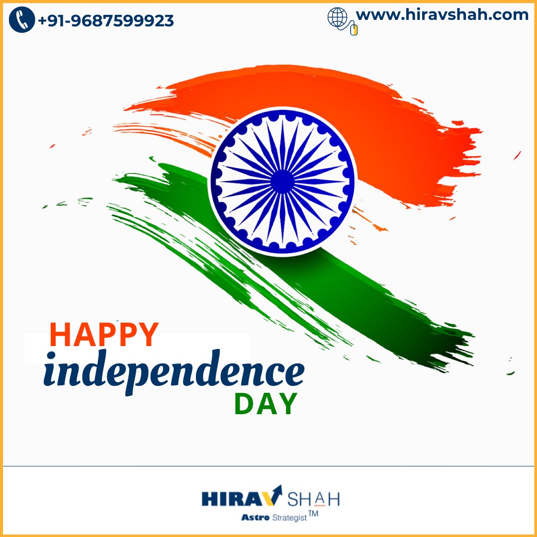 HiravShah's tweet photo. Wishing everyone a Happy Independence Day!
Enjoy the day with your friends and family! together.
#happyindependenceday๐ฎ๐ณ
#HiravShah
#AstroStrategy
#AskHirav
#AstroStrategist
#IndependenceDay #independencedayindia #IndiaAt75 #IndependenceDay2022 #75thindependenceday https://t.co/mJHEvpTMke