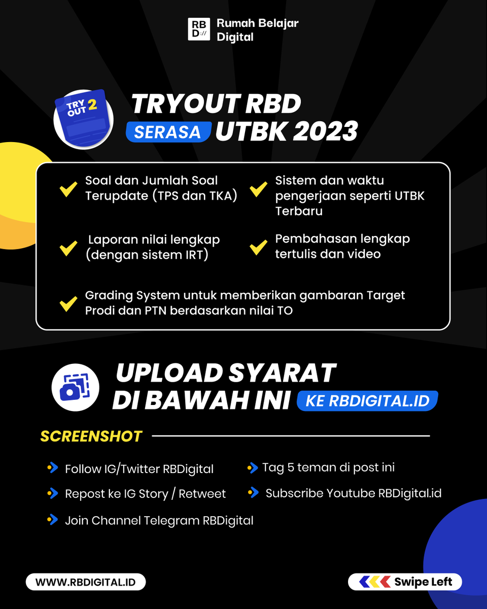 rbdigital_id's tweet photo. ✨Tryout UTBK Gratis by RBD✨
Caranya gampang! 
1. Follow twitter https://t.co/JyowKDMS2S
2. Like/retweet tweet ini 
3. Tag 5 temen kamu lalu beri hastag #tryoutserasautbk 
4. Lalu daftar ke https://t.co/j9TG12DEZS

Kamu akan otomatis mendapatkan voucher Free TryOut UTBK 2023 https://t.co/5The9oplxB