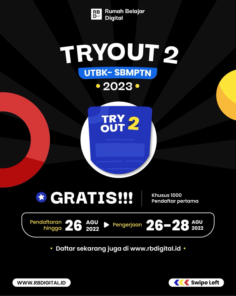 rbdigital_id's tweet photo. ✨Tryout UTBK Gratis by RBD✨
Caranya gampang! 
1. Follow twitter https://t.co/JyowKDMS2S
2. Like/retweet tweet ini 
3. Tag 5 temen kamu lalu beri hastag #tryoutserasautbk 
4. Lalu daftar ke https://t.co/j9TG12DEZS

Kamu akan otomatis mendapatkan voucher Free TryOut UTBK 2023 https://t.co/5The9oplxB