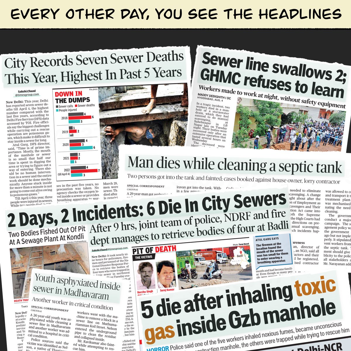 75 years after independence, some Indians are still forced to clean human excreta for a living. A comic thread on manual scavenging in India, for <a href="/Article14live/">Article 14</a>.