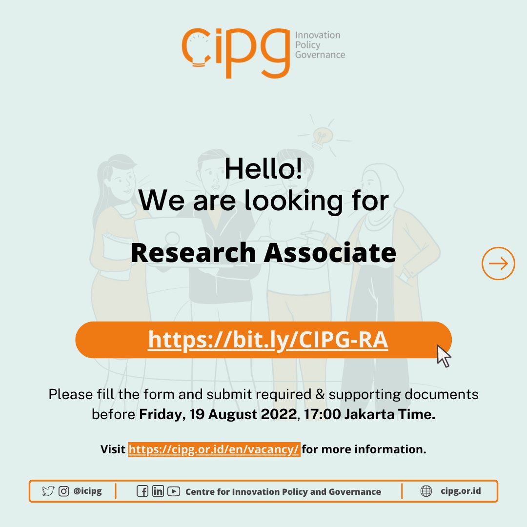 icipg's tweet photo. CIPG is looking for Research Associate!

We are currently looking for a Research Associate with particular interest in the issue of digitalisation and its impact to society.

For more info, visit our website: https://t.co/rxNLcS0dyX

#LokerNGO #NGOHiring https://t.co/UGqWUUtvLP