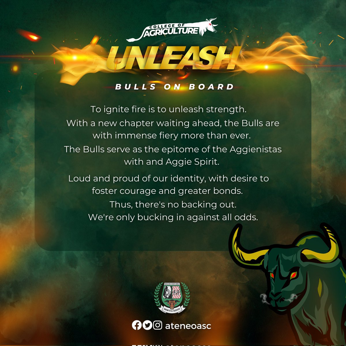 AteneoASC's tweet photo. 𝐔𝐧𝐥𝐞𝐚𝐬𝐡: 𝐁𝐮𝐥𝐥𝐬 𝐨𝐧 𝐁𝐨𝐚𝐫𝐝!

We're bucking in with immense fiery against all odds.

#UnleashTheBulls
#TheHeatOfAggies
#AteneoAggies

Words | Jam Emano 
Layout | Prince Mikko Bayotas https://t.co/qpAkppanvo