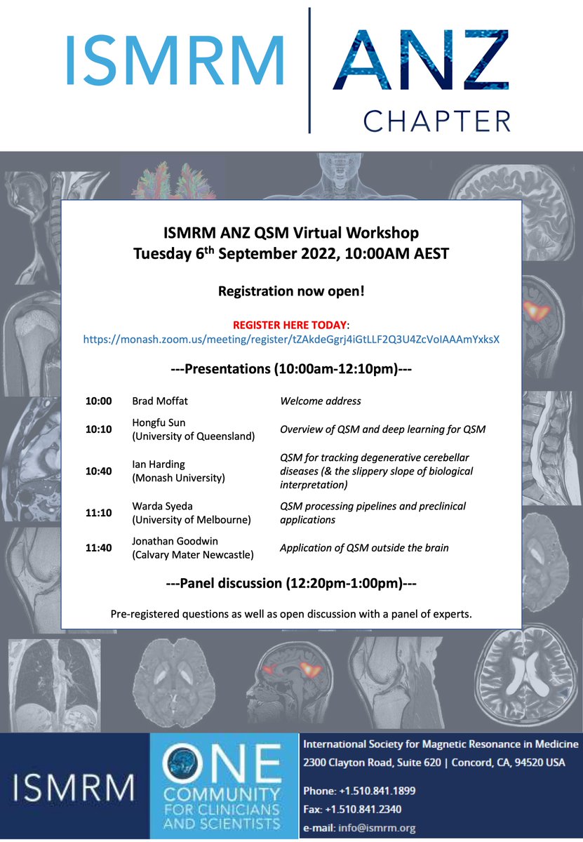 ISMRM_ANZ's tweet photo. ‼️‼️ REGISTRATION OPEN FOR QSM WORKSHOP‼️‼️

We are happy to announce the program for the ISMRM ANZ QSM Virtual Workshop on September 6th. We have some awesome talks lined up, including @WardaTSyeda @ihharding and @sunhongfu

Click below to register 👇 🧠
https://t.co/Prppic8l0R https://t.co/AytADnRceC