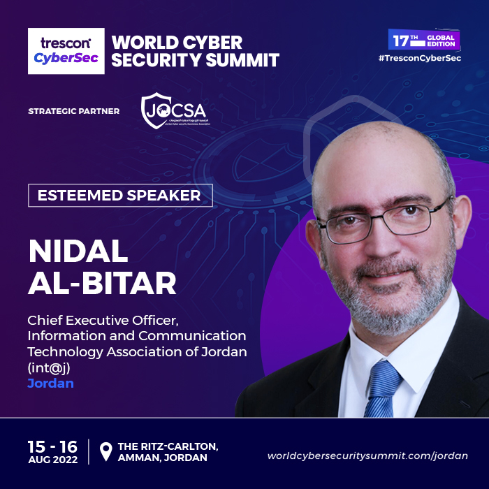 TresconGlobal's tweet photo. The World Cyber Security Summit - Jordan is delighted to have Nidal Al-bitar as a speaker.
To listen to his thought-provoking talk at #WCSSJordan, book your tickets now! https://t.co/vkOE6wZlNV
#Trescon #TresconCyberSec #cyberresilience #physicalevent #business #datasecurity https://t.co/drHH1QjZTb