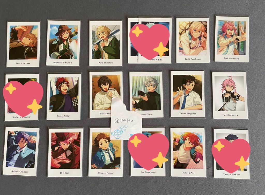 74ltu's tweet photo. あんスタ ぱしゃっつ メタカ クリアカード 交換

vol.1
凪砂、アドニス、翠、千秋、北斗、真緒、紅郎、颯馬、敬人、つむぎ、HiMERU、斑、弓弦

vol.2
薫、斑、藍良、英智、桃李、燐音、凛月、泉、鉄虎、アドニス、宗、光、ひなた

クリカ/メタカ
創、宗、英智、司、北斗、アドニス、日和、颯馬

↓求 https://t.co/6pnbiDg3I9
