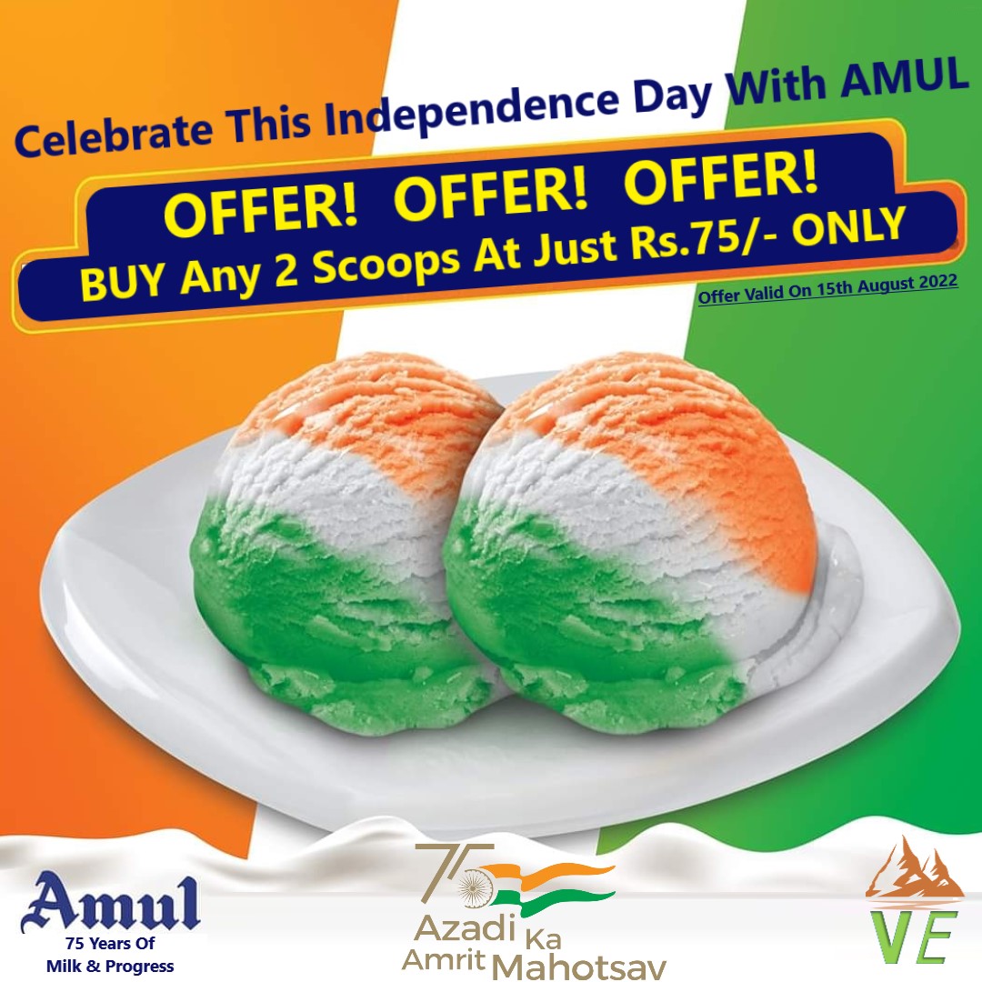 Wishing All Our Lovely Customers A very Happy Independence day. Come join us and celebrate with great offer.

#Amul #AmulTheTasteofIndia #IndependenceDay #celebration #offersforyou #icecream #scoops
