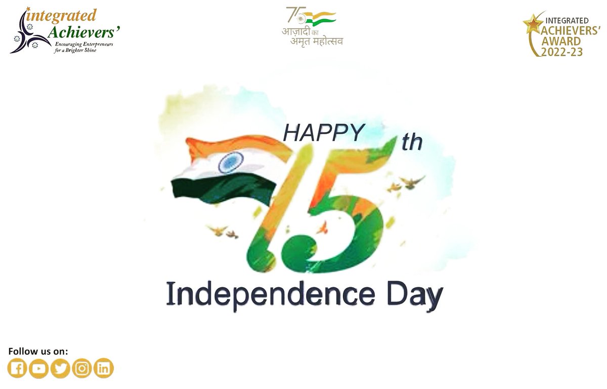 IntegratedAchi1's tweet photo. May The flag of our country fly higher and higher every year. Happy 75th Independence Day everyone! 🇮🇳
.
.
#75thindependenceday2022 I #HappyIndependenceDay I #indianflag I #tricolor I #independenceday I #IntegratedAchievers #integratedachieversaward I #JaiHind I #JaiBharat https://t.co/uyNsAYZ6UT