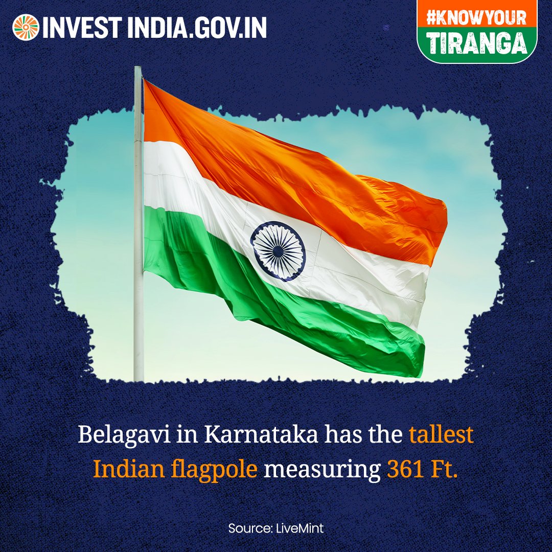 #KnowYourTiranga 

The 9600 Sq. Ft. Indian flag on the flagpole in Karnataka’s Belagavi is made of weatherproof Denier polyester fabric! 

#IDAY2022 #AzadiKaAmritMahotsav #IndiaAt75 #IndependenceDay2022 <a href="/DPIITGoI/">DPIIT India</a> @DoC_GOI <a href="/PIB_India/">PIB India</a> <a href="/CimGOI/">Minister of Commerce and Industry</a> <a href="/AmritMahotsav/">Amrit Mahotsav</a>
