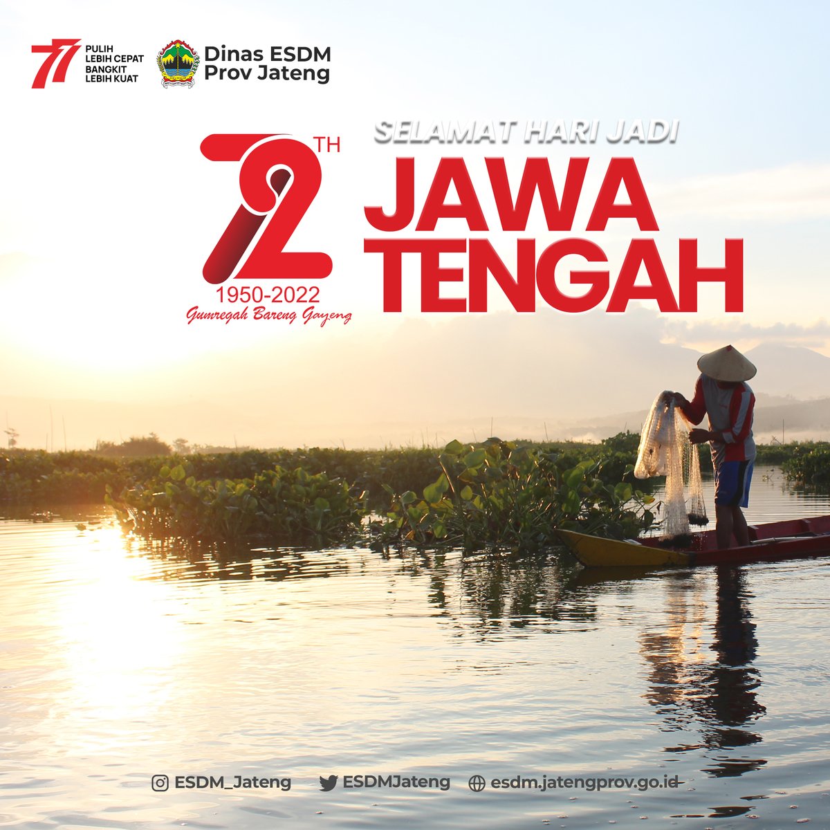 ESDMJateng's tweet photo. Keluarga besar Dinas Energi dan Sumber Daya Mineral Provinsi Jawa Tengah mengucapkan Selamat Hari Jadi ke-72 Provinsi Jawa Tengah 15 Agustus 2022. Gumregah Bareng Jawa Tengah Gayeng!
#JatengGayeng
#GumregahBarengGayeng
#HUTJateng72
#ESDMJateng https://t.co/8cdbPyis8I