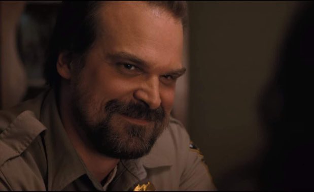 bathenations's tweet photo. jim hopper                             jim hopper 
normally                                 with joyce https://t.co/7etBLQ4d0k